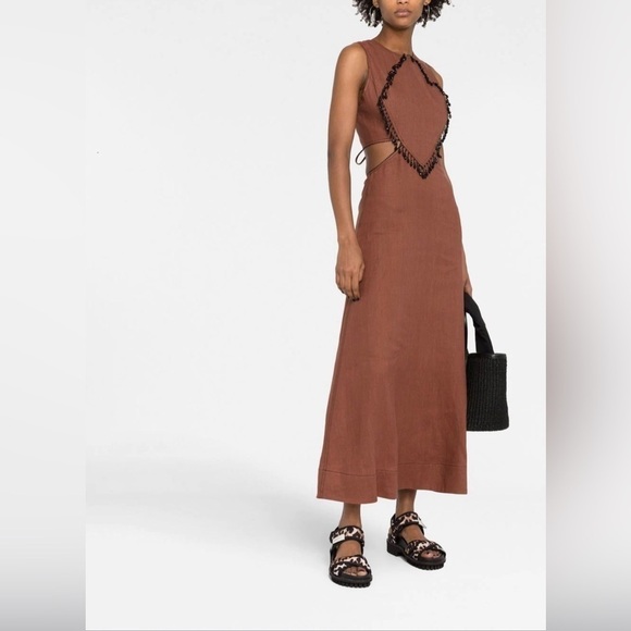 Ganni Sundress Hem Beaded Fringe Embellished Cut Out Root Beer Brown Size 10 - Picture 1 of 16